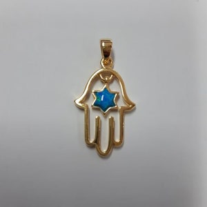 Hamsa Necklace - Classic Star of David Charm captured in a Hamsa Frame- 18K Gold-Plated and Simulated Blue Opal - Judaica Jewelry