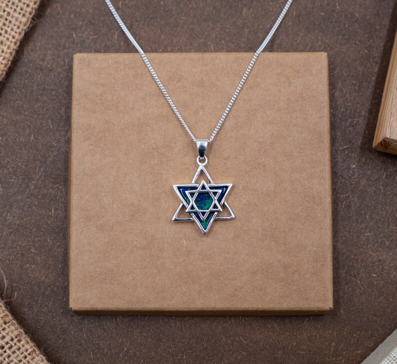 Star of David Eilat Stone Pendant, Silver Magen David Azurite Malachite