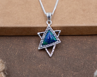 Silver Magen David Pendant with Azurite Malachite, Eilat Stone Star of David Necklace, Artistic Judaica Jewelry Gift for Women and Girls