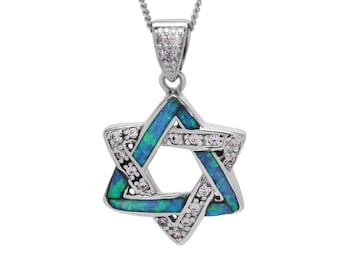 Collier étoile de David, bijoux juifs classiques, pendentif en argent avec imitation d'opale bleue et CZ, collier juif de bijoux israélien