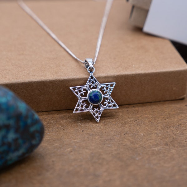 Azurite Malachite Star Of David Necklace, Magen David Pendant Silver, Ethnic Jewish Jewelry, Silver Pendant Oval Blue and Green Eilat Stone