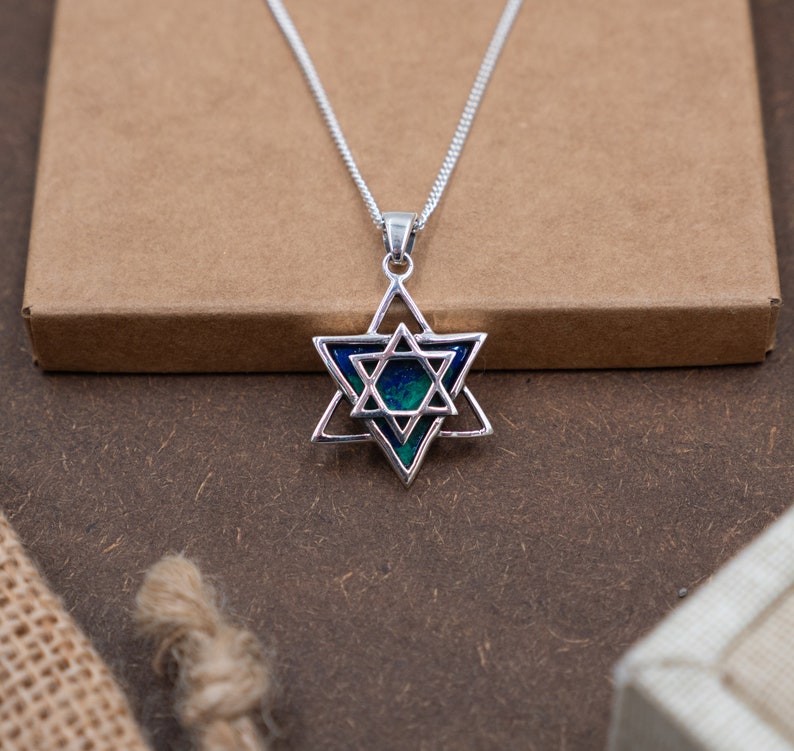 Star of David Eilat Stone Pendant, Silver Magen David Azurite Malachite