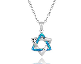 Star of David necklace - Silver Judaical Jewelry - Simulated Blue Opal Pendant -Israeli Jewelry - Jewish Jewelry David star
