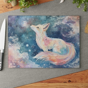 Celestial Fox Glass Cutting Board, Moon & Stars Kitchen Decor, Watercolor Serving Tray, Mystical Kitchen Decor, Spirit Animal Fox Art
