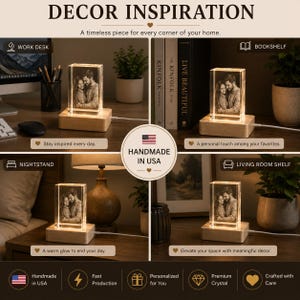 May include: A rectangular crystal block featuring a laser-etched portrait of a couple, illuminated by a light-colored wooden base with a power cord. The text DECOR INSPIRATION, HANDMADE IN USA, and various icons are visible in this product display.
