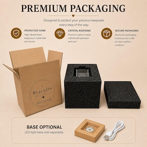 May include: A brown cardboard box with the BracyUS logo, a black foam insert for a crystal keepsake, and a separate black foam lid. Below, a square wooden LED light base with a white USB cable is shown. Text includes PREMIUM PACKAGING.