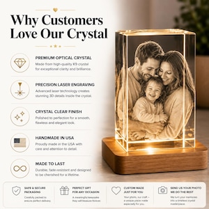 May include: A rectangular K9 optical crystal block featuring a laser-engraved 3D image of a family of three, illuminated by a wooden base. The text reads: Why Customers Love Our Crystal, Premium Optical Crystal, Precision Laser Engraving, Crystal Clear Finish, Handmade in USA, Made to Last, Safe & Secure Packaging, Perfect Gift for Any Occasion, Custom Made Just for You, Send Us Your Photo We Do the Rest.