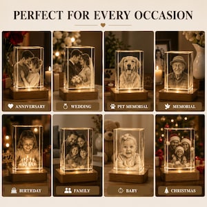 May include: A collection of eight rectangular glass blocks featuring laser-etched photographs, each mounted on a rectangular wooden base with internal lighting. The text "PERFECT FOR EVERY OCCASION" appears at the top, with labels including "ANNIVERSARY," "WEDDING," "PET MEMORIAL," "MEMORIAL," "BIRTHDAY," "FAMILY," "BABY," and "CHRISTMAS" below each respective glass block.