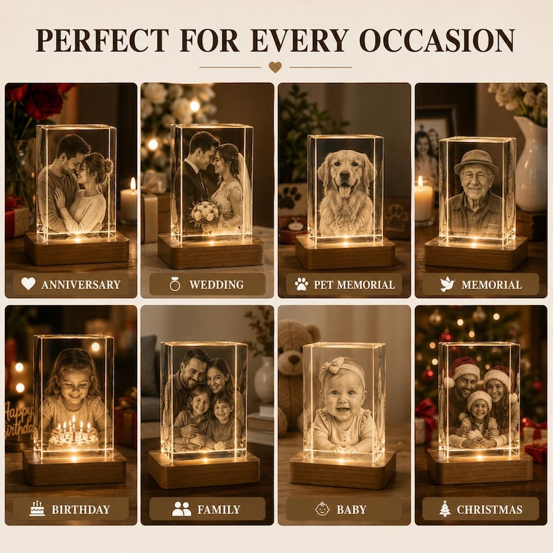 May include: A collection of eight rectangular glass blocks featuring laser-etched photographs, each mounted on a rectangular wooden base with internal lighting. The text "PERFECT FOR EVERY OCCASION" appears at the top, with labels including "ANNIVERSARY," "WEDDING," "PET MEMORIAL," "MEMORIAL," "BIRTHDAY," "FAMILY," "BABY," and "CHRISTMAS" below each respective glass block.