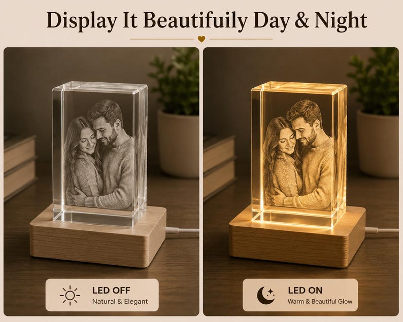 May include: A rectangular crystal block featuring a 3D laser-engraved image of a couple, mounted on a light-colored wooden base. The display shows two states: LED OFF with a clear appearance and LED ON with a warm, illuminated golden glow.