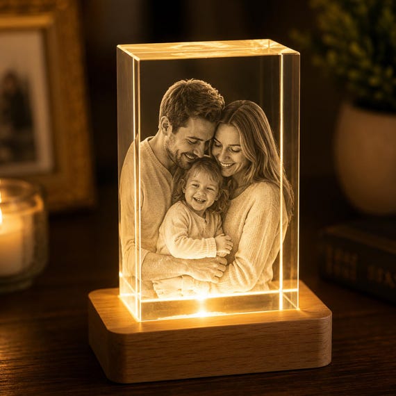 Personalized 3D Crystal Photo Keepsake with LED Light Base, Custom Laser Engraved Memorial Gift, Anniversary, Wedding, Family Decor