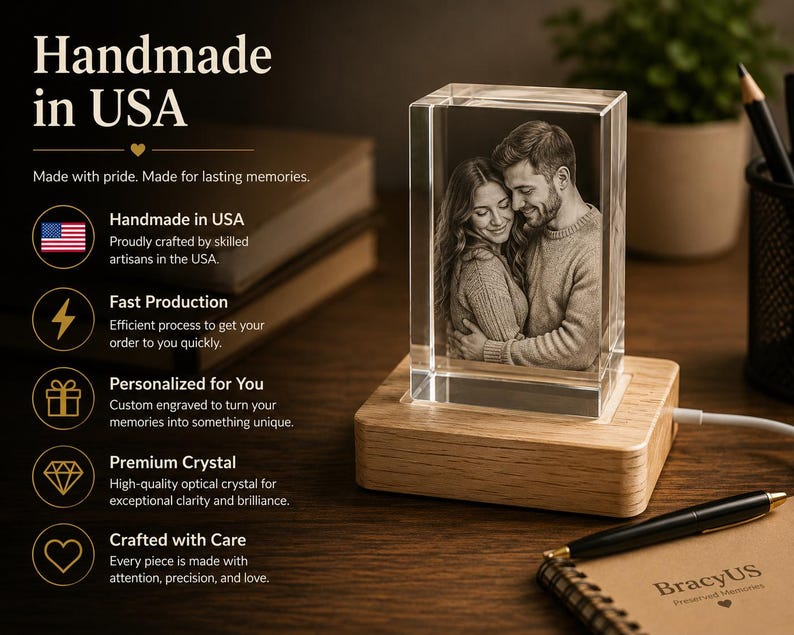 May include: A rectangular crystal block featuring a laser-engraved monochrome photograph of a couple embracing, mounted on a light-colored wooden base with a power cord. Text on the left includes 'Handmade in USA', 'Fast Production', 'Personalized for You', 'Premium Crystal', and 'Crafted with Care'.