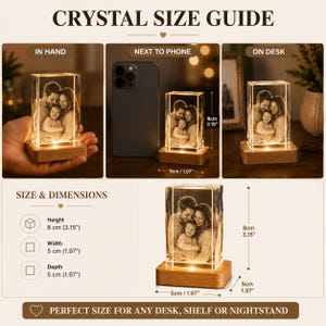 May include: A rectangular crystal block featuring a 3D laser-engraved family portrait, illuminated by a light-up wooden base. The crystal measures 8 cm (3.15 inches) in height, 5 cm (1.97 inches) in width, and 5 cm (1.97 inches) in depth.