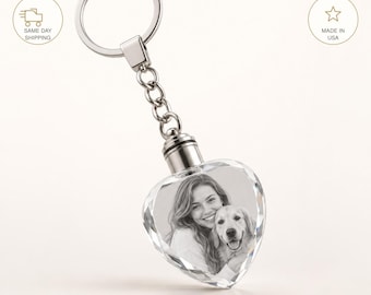 Personalized Memorial Crystal Keychain Photo with LED Light custom 3D Laser Engraved Key Chain, Valentines Gifts Keepsake