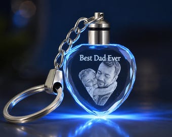 Personalized Gift for Dad, Custom Portrait Photo Keychain, 3D Crystal Laser Engraved Keyring, First Fathers Day Gift from Daughter Son