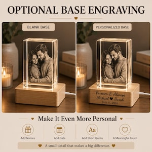 May include: A rectangular crystal block featuring a laser-etched portrait of a couple, illuminated by a light-colored wooden base. The base is available as a blank version or with custom engraving reading Forever & Always Michael & Sarah July 11, 2026.