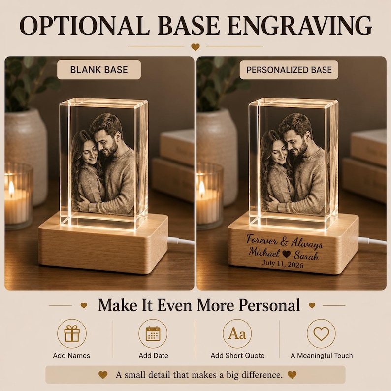 May include: A rectangular crystal block featuring a laser-etched portrait of a couple, illuminated by a light-colored wooden base. The base is available as a blank version or with custom engraving reading Forever & Always Michael & Sarah July 11, 2026.