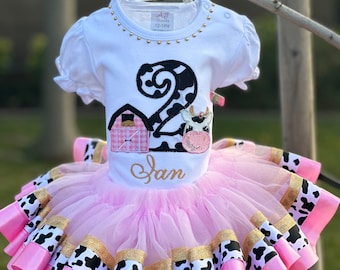 Girl Cow Birthday Tutu Outfit ,1st  2nd 3rd 4th Birthday Barn Shirt,  Personalized Baby Girl Farm Tutu Dress , Girl Gift