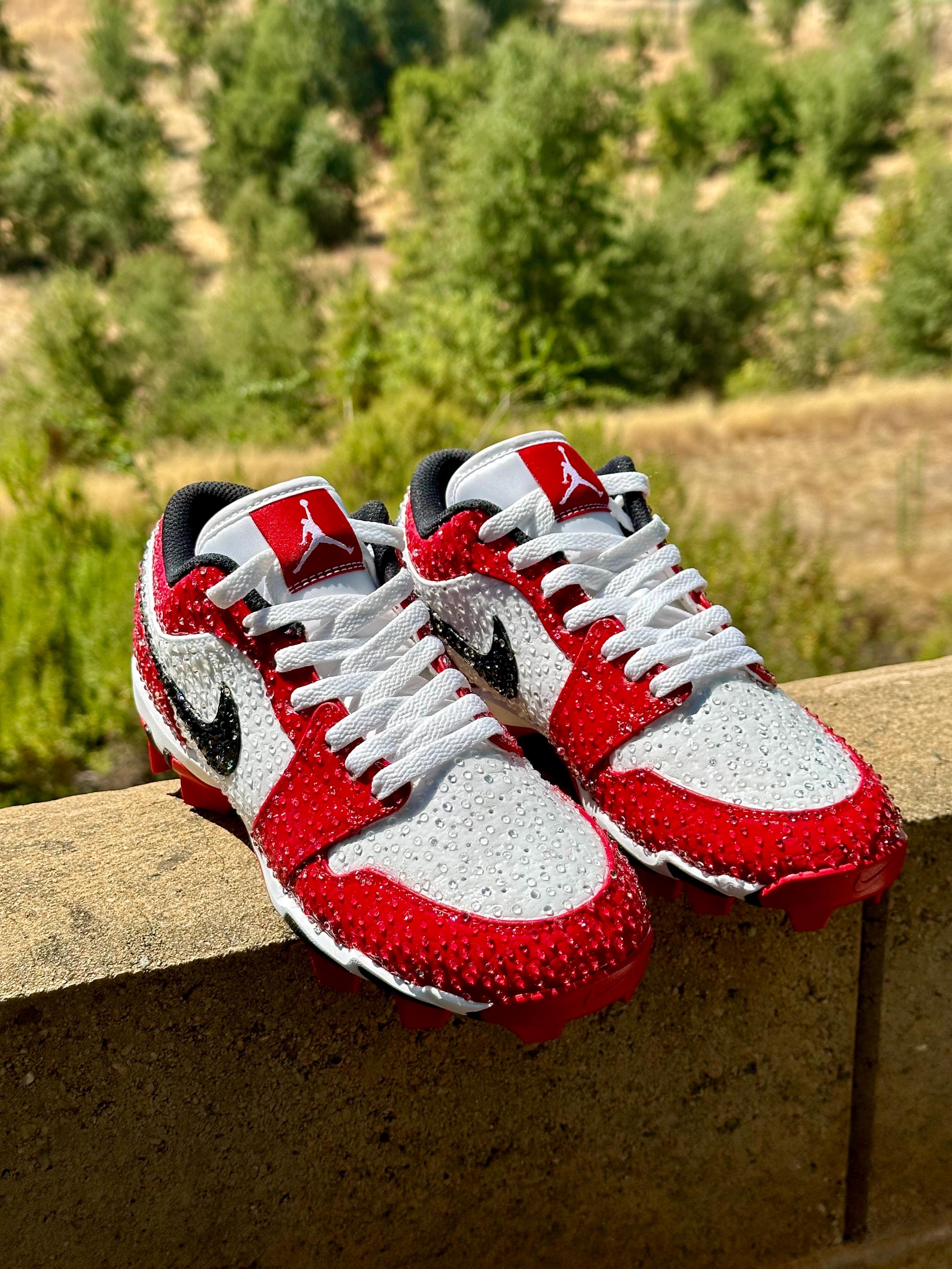 Custom Red Nike Cleats With Clear Stones, Personalized