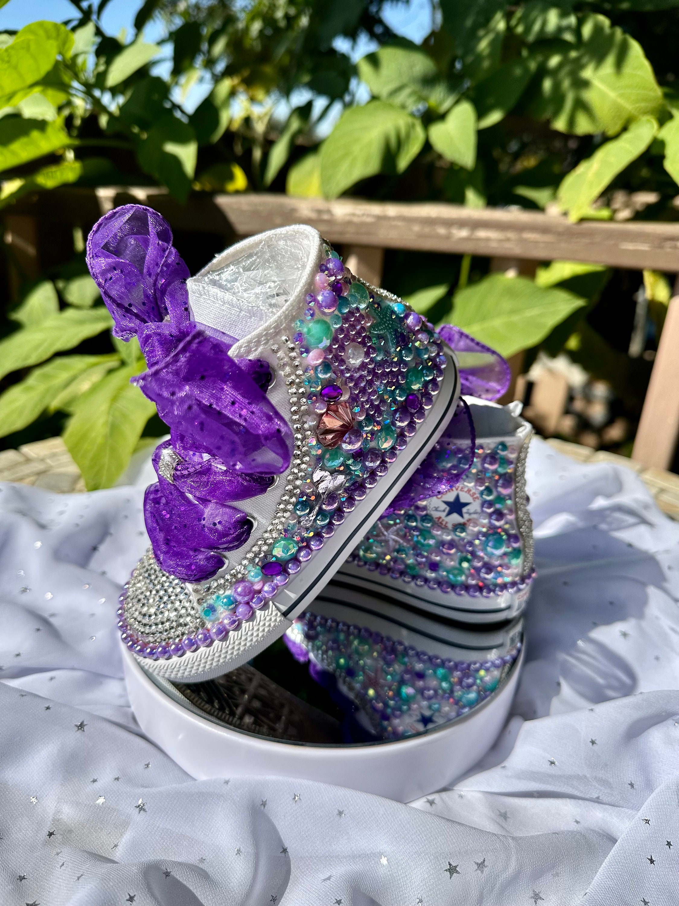 Mini Ceramic Personalized Sneaker Bank - Purple/Silver Rhinestones