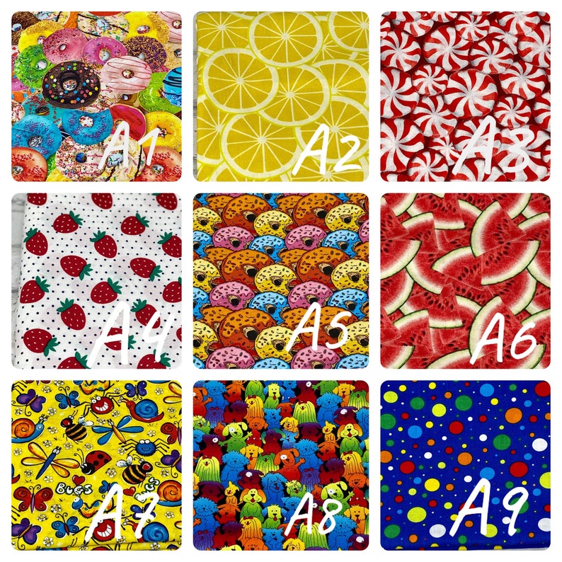 K&ouml;nnte beinhalten: Neun Stoffmuster mit farbenfrohen Mustern. Die Muster umfassen Donuts, Zitronenscheiben, Pfefferminzbonbons, Erdbeeren, Donuts, Wassermelonenscheiben, K&auml;fer, bunte Hunde und Polka Dots. Jedes Muster ist mit einem Buchstaben und einer Zahl gekennzeichnet.