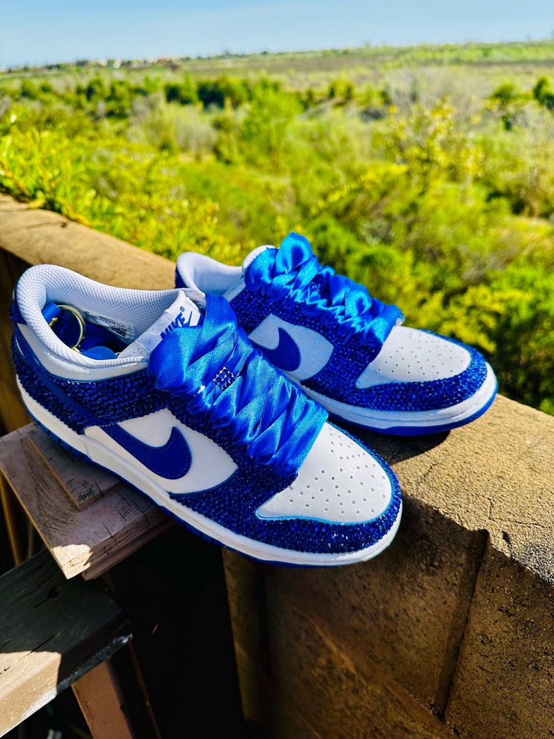 K&ouml;nnte beinhalten: Ein Paar blau-wei&szlig;e Sneaker mit einem Schmuckdesign. Die Sneaker haben eine wei&szlig;e Zehenbox, blaue Akzente und einen blauen Nike-Swoosh. Die Schn&uuml;rsenkel wurden durch blaue Satinb&auml;nder ersetzt. Die Schuhe werden im Freien pr&auml;sentiert.