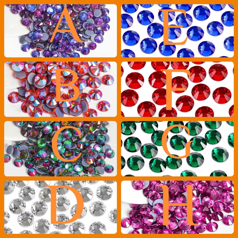 K&ouml;nnte beinhalten: Eine Auswahl an farbigen Strasssteinen in verschiedenen Farbt&ouml;nen, darunter Lila, Rot, Gr&uuml;n, Blau, Silber und Rosa. Jede Farbe wird in einem separaten Abschnitt mit einem Buchstaben angezeigt. Die Strasssteine sind rund und haben eine reflektierende Oberfl&auml;che.