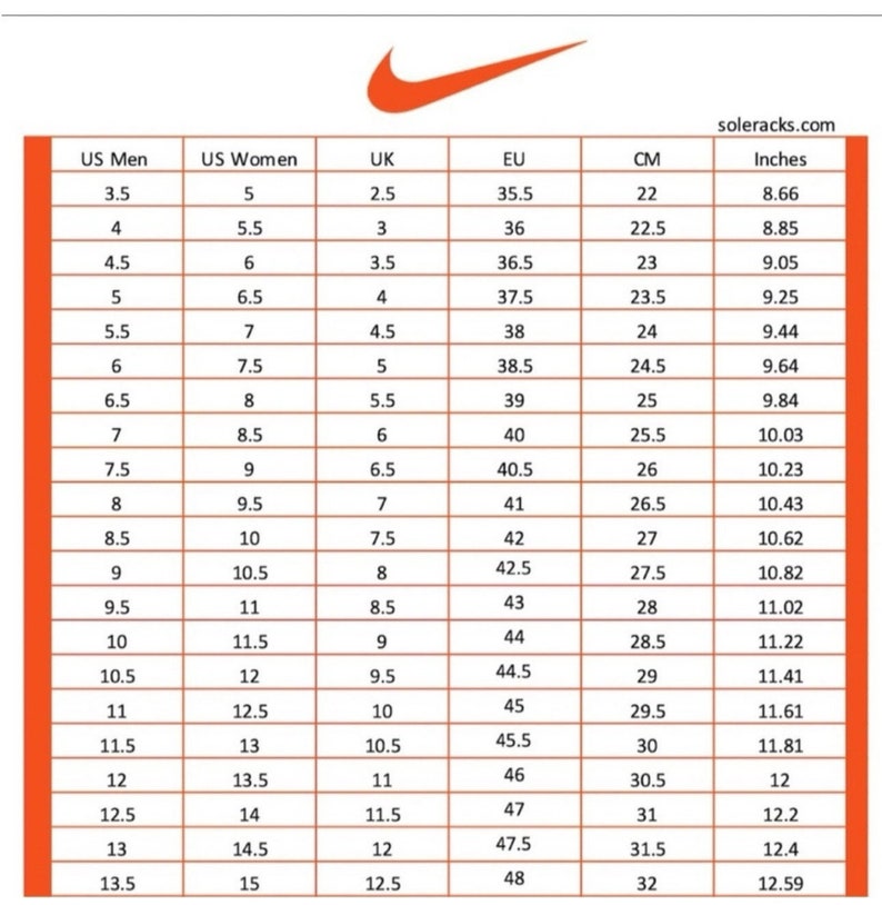 K&ouml;nnte beinhalten: Eine Schuhgr&ouml;&szlig;entabelle mit dem Nike-Logo oben. Die Tabelle listet Gr&ouml;&szlig;en f&uuml;r US-M&auml;nner, US-Frauen, UK, EU, CM und Zoll auf. Die Tabelle enth&auml;lt Gr&ouml;&szlig;en von US-Herren 3,5 bis 13,5 mit entsprechenden Ma&szlig;en in Zentimetern und Zoll.