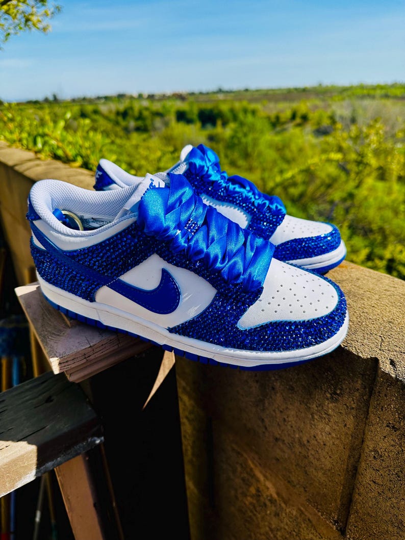 K&ouml;nnte beinhalten: Ein Paar blau-wei&szlig;e Sneaker mit einem Schmuckdesign. Die Schuhe haben einen blauen Nike-Swoosh und ein blaues Band an den Schn&uuml;rsenkeln. Die Sneaker werden im Freien pr&auml;sentiert.