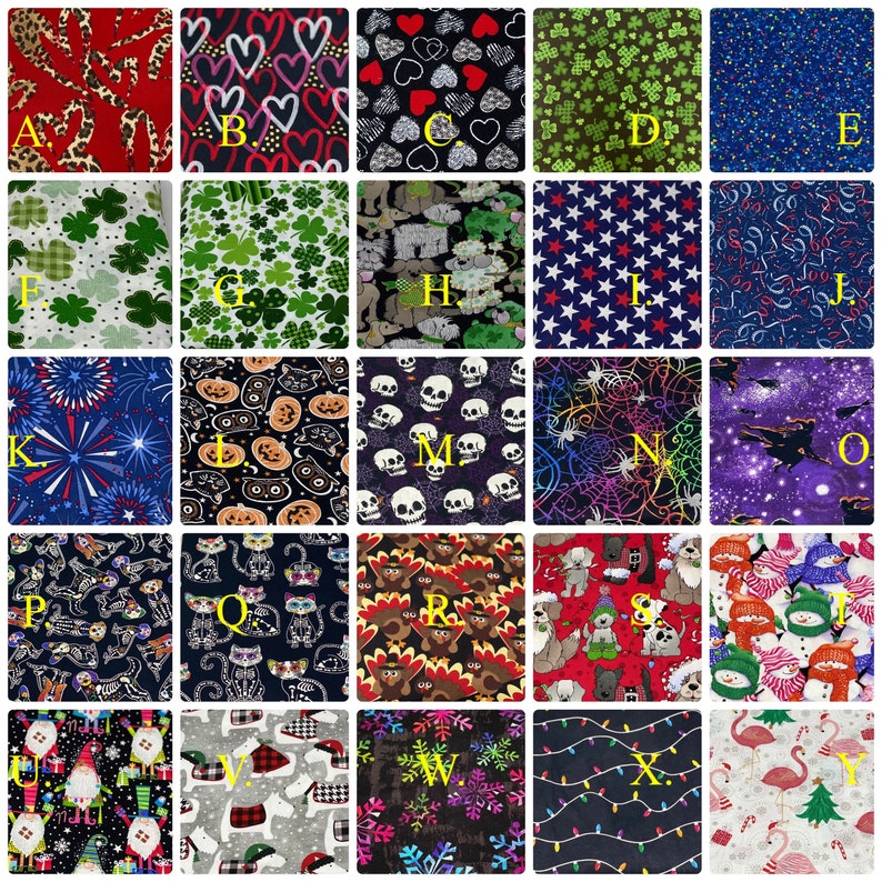 K&ouml;nnte beinhalten: Ein Raster von Stoffmustern mit verschiedenen Designs. Designs umfassen Tiermuster, Herzen, Kleebl&auml;tter, Sterne, Totenk&ouml;pfe, Halloween-Motive, Katzen, Truth&auml;hne, Hunde, Schneem&auml;nner, Gnome, karierte Hunde, Schneeflocken, Lichterketten und Flamingos.