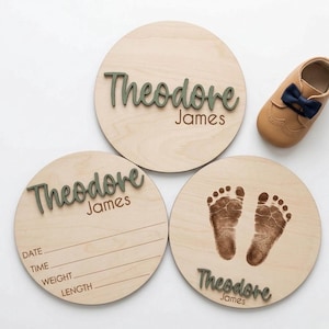 Personalized Baby Announcement Sign: Name, Stats, Footprints (Baltic Birch)