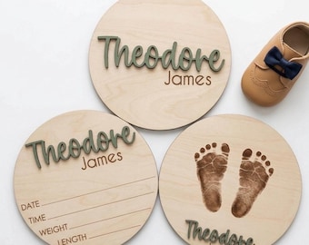 Personalized Baby Announcement Sign: Name, Stats, Footprints (Baltic Birch)