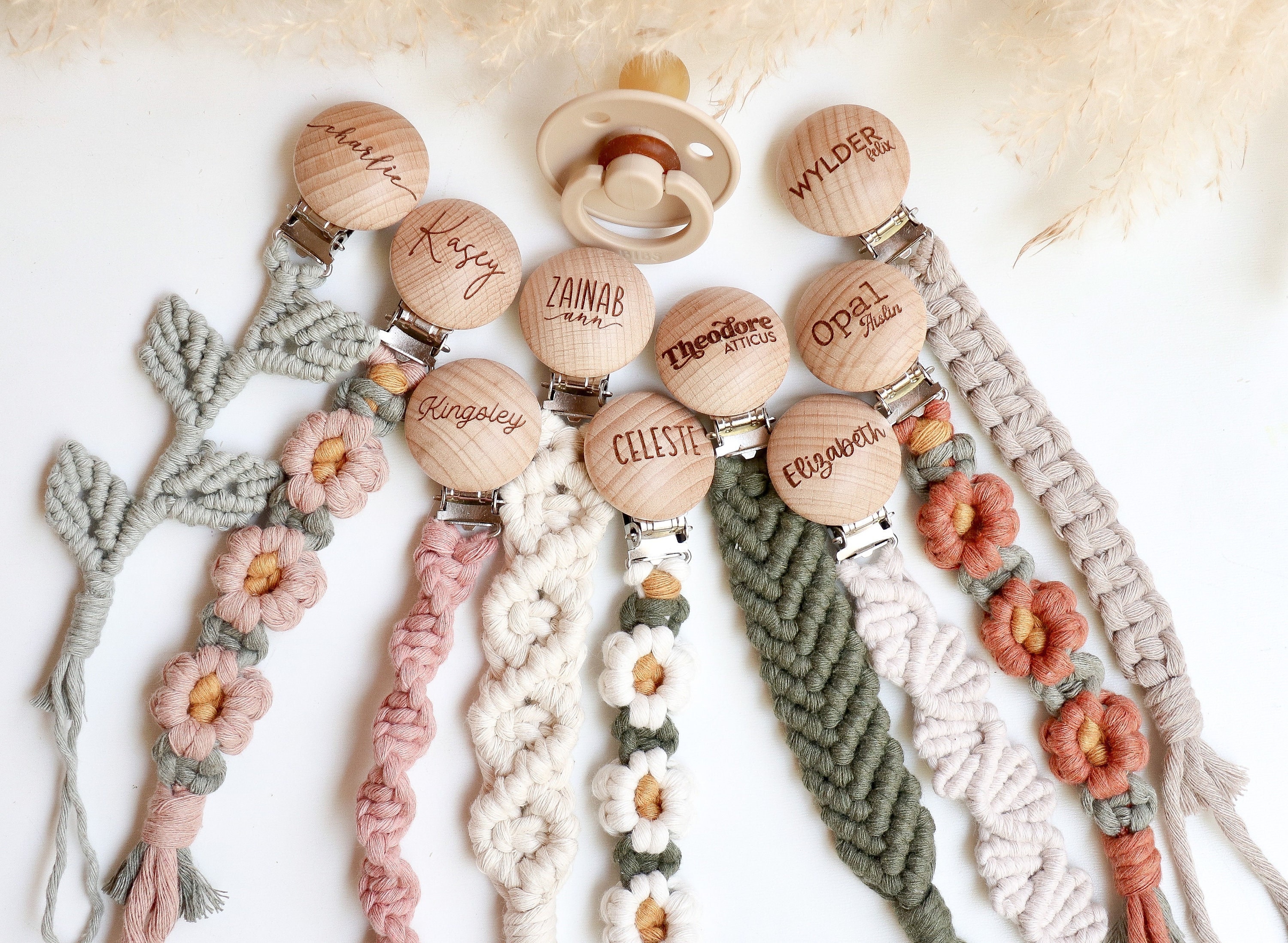 Macrame Braided Pacifier Clip - Beige Trim Macrame Braided Pacifier Clip - Beige Trim