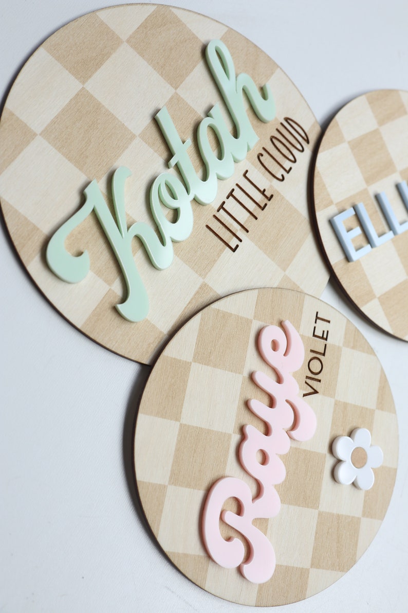 Checkered Baby Name Announcement Sign: 3D Acrylic Letters, Baltic Birch ...