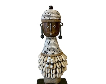 Namji Doll White & Black 16cm 6.3", Fertility Doll, Namji Doll, Cameroon Doll Wooden Doll, African Doll African Art Beaded Doll Africa Decor