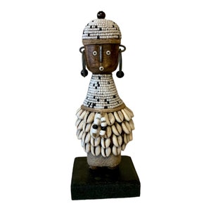 Namji Doll White & Black 16cm 6.3&quot;, Fertility Doll, Namji Doll, Cameroon Doll Wooden Doll, African Doll African Art Beaded Doll Africa Decor