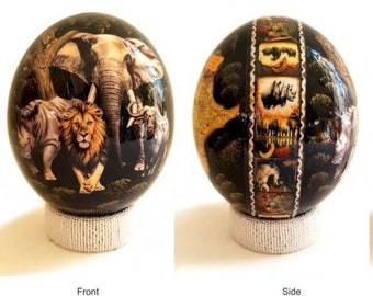 Decoupaged Ostrich Egg - Wildlife Scene, Painted Ostrich Egg, South African Ostrich Egg, Big 5 Ostrich Egg, Wildlife Ostrich Egg, Curio