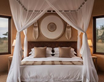 May include: A luxurious bedroom featuring a four-poster bed draped with white mosquito netting. The bed has white linens, brown pillows, and a decorative throw. A large woven wall hanging and carved wooden headboard add to the room's decor.