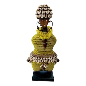 Namji Doll Greenish Yellow Glass Beads 33cm 13&quot;, Fertility Doll, Namji Doll, Cameroon Doll, Wooden Doll, African Doll Beaded Doll Africa