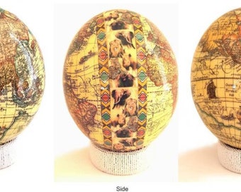 Decoupaged Ostrich Egg - World Map & Wildlife Scene, Painted Ostrich Egg, South African Ostrich Egg, Big 5 Ostrich Egg, Wildlife Ostrich Egg