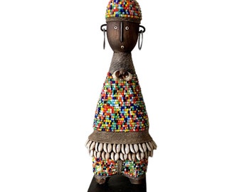 Namji Doll Multi Colour Beads 25cm 10&quot;, Fertility Doll, Namji Doll, Cameroon Doll, Wooden Doll, African Doll, Beaded Doll, African Artifact