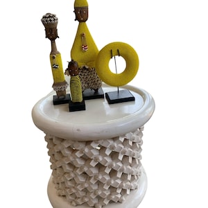 Namji Dolls Yellow set of 3 and Clay beaded bangle,  Fertility Doll, Namji Doll, Cameroon Doll, Wooden Doll, African Doll, African Beaded