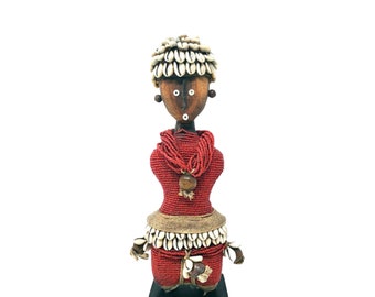 Namji Doll Red 30cm 12", Fertility Doll, Namji Doll, Cameroon Doll, Wooden Doll, African Doll, Beaded Doll, African Beaded Doll, African Art