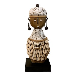 Namji Doll White & Brown Beads 16cm 6.3inch, Fertility Doll, Namji Doll, Cameroon Doll, Wooden Doll, African Doll, Beaded Doll, African