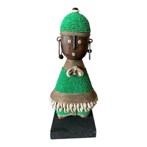 Namji Doll Green 21cm 8.2&quot;, Fertility Doll, Namji Doll, Cameroon Doll, Wooden Doll, African Doll, Beaded Doll, Cowrie Shells Doll, African