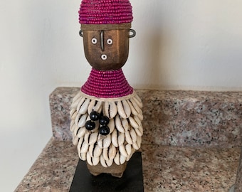 Namji Doll Purple 16cm 6.2&quot;, Fertility Doll, Namji Doll, Cameroon Doll, Wooden Doll, African Doll, African Art, Beaded Doll, African Decor