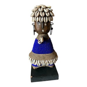 Namji Doll Blue 8.2&quot; 21cm, Fertility Doll, Namji Doll, Cameroon Doll, Wooden Doll, African Doll, Beaded Doll, Cowrie Shells Doll, African