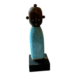 Namji Doll Baby 16cm 6&quot; Blue, Fertility Doll, Namji Doll, Cameroon Doll, Wooden Doll, African Doll, Beaded Doll, African Artifact