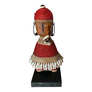 Namji Doll Red 8.2&quot;, Fertility Doll 21cm, Namji Doll, Cameroon Doll, Wooden Doll, African Doll, Beaded Doll, Cowrie Shells Doll, African