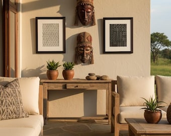 African Framed Mudcloth Wall Hanging Decor Set , Framed Authentic Mud Cloth, Modern Boho, Authentic Vintage Textile 2 pieces